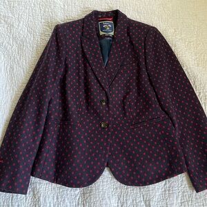 Boden wool twill blazer, navy and red polka dot, size 10R, NWOT